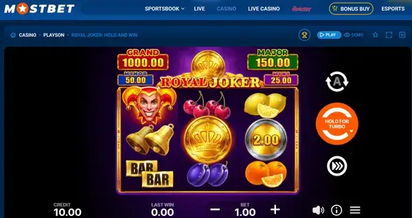 Casino page with Royal Joker: Hold and Win tile and a Play or Real Play button screenshot